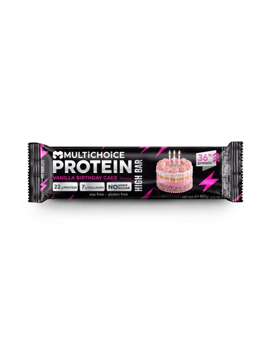 MULTICHOICE HIGH Protein Bar – Vanilla Birthday Cake 60 g на супер цена Протеинови барове