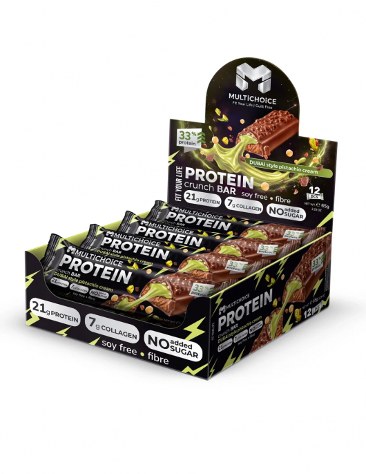 MULTICHOICE Protein CRUNCH Bar - Dubai Style Pistachio Cream - Кутия 12 броя (780 g) на супер цена Протеинови барове