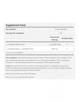 NOW Sports Arginine &amp; Ornithine 500/250 МГ - 100 Капсули
