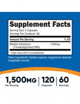 Betaine Anhydrous Trimethylglycine (TMG) / Бетаин анхидрос (Триметил глицин) x 120 капсули на супер цена Аминокиселини на таблетки /капсули